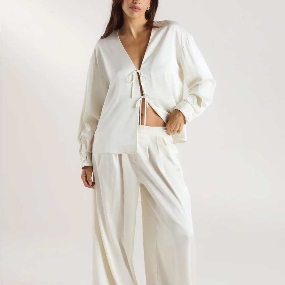 Women's Cream Tie-Front Blouse and Wide-Leg Pants Set